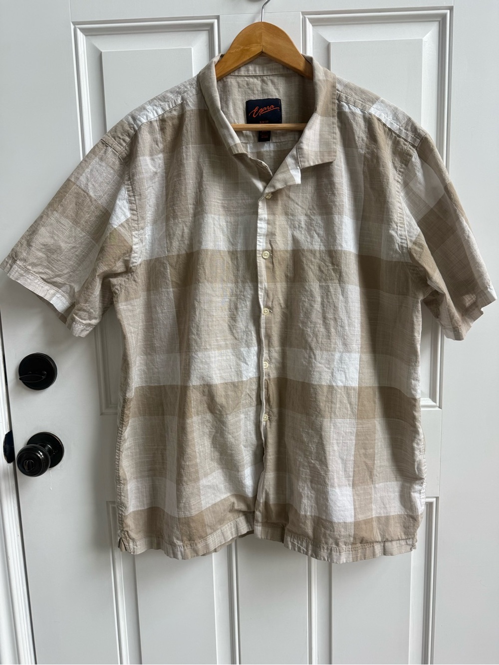 Egara Beige and Cream Plaid Short-Sleeve Button-Down Shirt Slim Fit 100% cotton